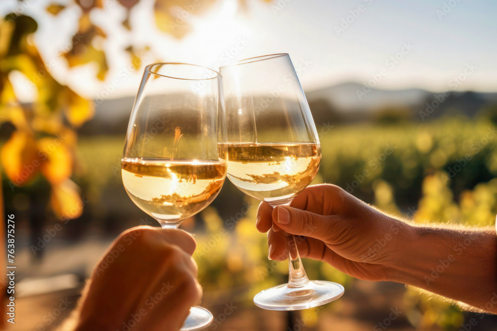 Obraz premium Two hands holding wine glasses in the act of toasting in a vineyard landscape. 