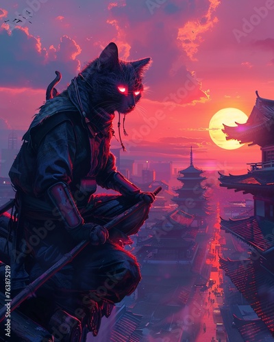 Cat with ninja mask, escaping over oriental rooftops