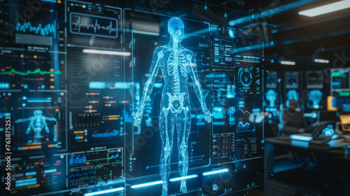 A futuristic concept image depicting a holographic interface with a translucent digital human body and various health status indicators and data analytics visuals. photo