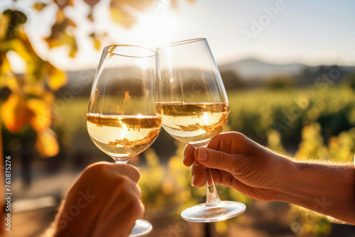 Two hands holding wine glasses in the act of toasting in a vineyard landscape.	