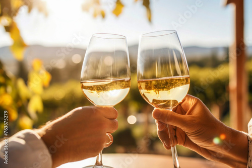 Two hands holding wine glasses in the act of toasting in a vineyard landscape. 