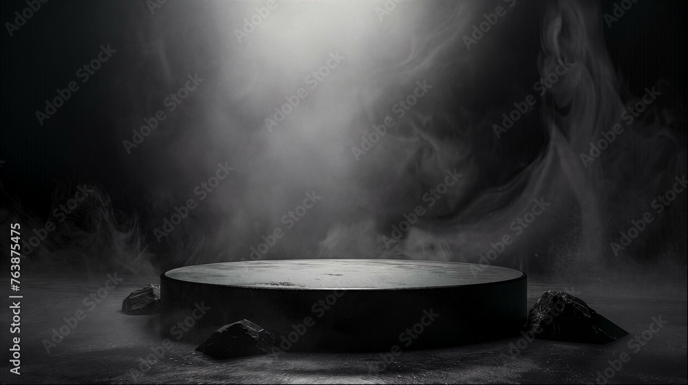 Dramatic black podium with smoke and spotlight for mysterious product presentation Dramatic black podium with smoke and spotlight for mysterious product presentation
