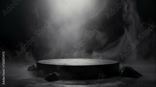 Dramatic black podium with smoke and spotlight for mysterious product presentation