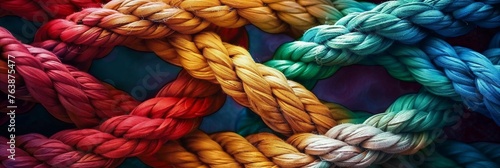 Intertwined multicolored ropes symbolizing diverse team strength and unity on abstract background