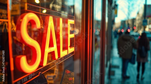 Sale neon sign in shopfront window with blurred street view background photo