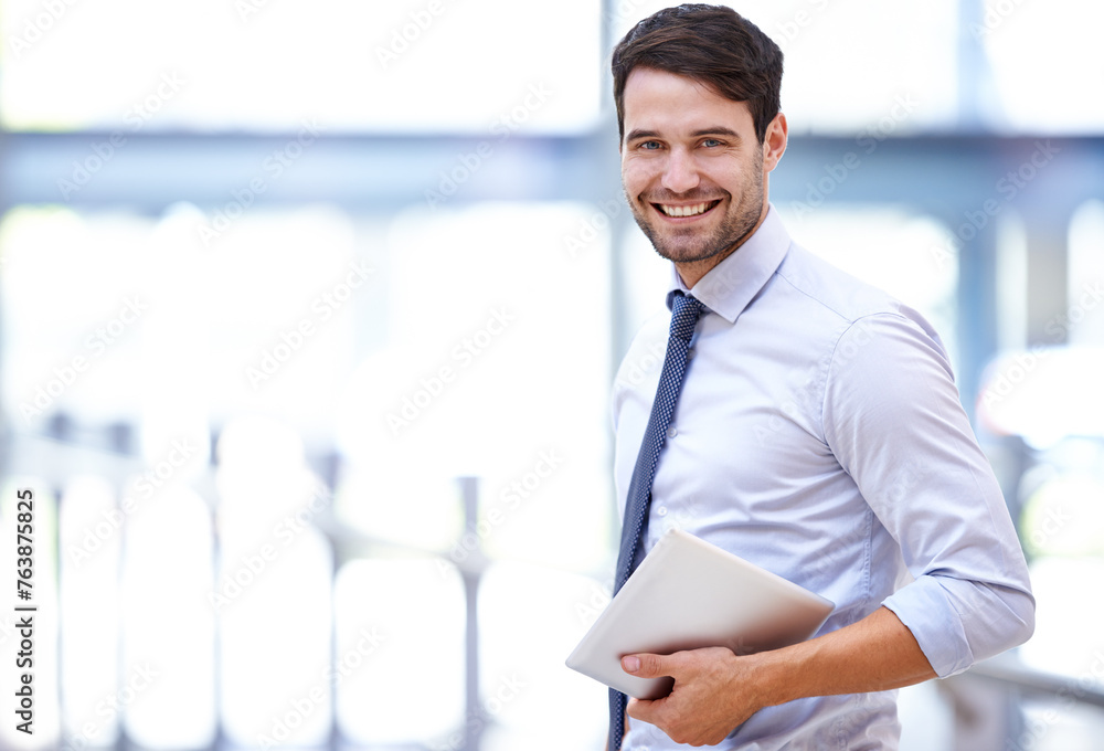 Fototapeta premium Happy, businessman and portrait with tablet in office for company research, email and online work. Professional person, smile and technology with confidence for job pride, schedule and communication