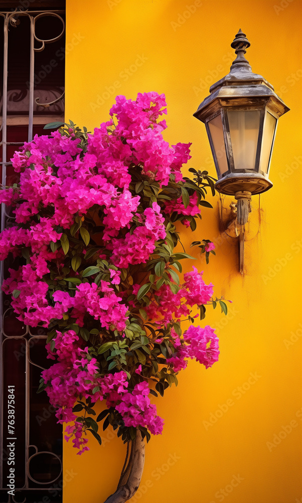 Lantern on the yellow wall and pink flowers.