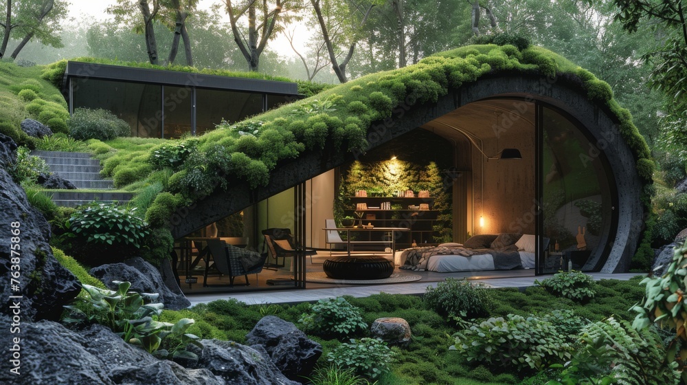 A contemporary survival shelter seamlessly blends into the forest with a lush green roof and large glass windows. A contemporary survival shelter seamlessly blends into the forest with a lush green roof and large glass windows.