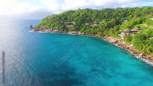 Mahe Beach, Seychelles. Aerial view of tropical coastline on a sunny day