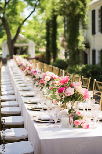 Wedding table set with bouquets of white nad pink roses. Sunny day.
