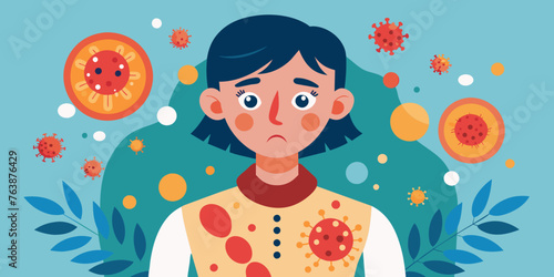 a boy with a surprised, frightened expression on his face. allergic reaction in the form of red spots on the face. seasonal allergy to pollen from flowering plants. concept is medicine, treatment