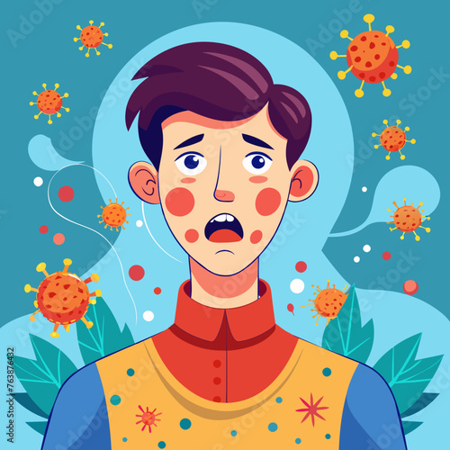 a boy with a surprised, frightened expression on his face. allergic reaction in the form of red spots on the face. seasonal allergy to pollen from flowering plants. concept is medicine, treatment