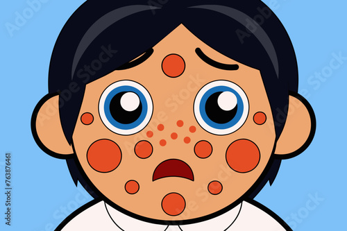 a boy with a surprised, frightened expression on his face. allergic reaction in the form of red spots on the face. seasonal allergy to pollen from flowering plants. concept is medicine, treatment