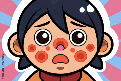 a boy with a surprised, frightened expression on his face. allergic reaction in the form of red spots on the face. seasonal allergy to pollen from flowering plants. concept is medicine, treatment