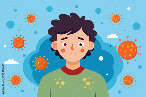 a boy with a surprised, frightened expression on his face. allergic reaction in the form of red spots on the face. seasonal allergy to pollen from flowering plants. concept is medicine, treatment