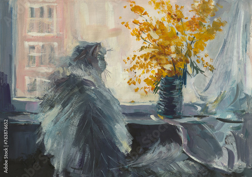 Wallpaper Mural Cat flowers painting. A fluffy domestic cat is looking out the window. A bouquet of mimosa for a woman. A vivid hand-painted illustration. Modern realistic painting. Background for graphic design. Torontodigital.ca