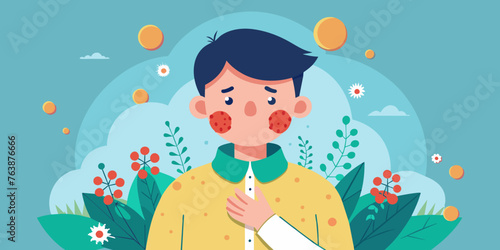 a boy with a surprised, frightened expression on his face. allergic reaction in the form of red spots on the face. seasonal allergy to pollen from flowering plants. concept is medicine, treatment