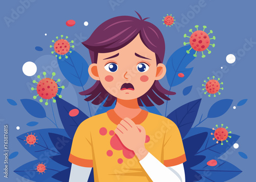 a girl with a surprised, frightened expression on his face. allergic reaction in the form of red spots on the face. seasonal allergy to pollen from flowering plants. concept is medicine, treatment