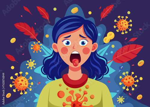 a girl with a surprised, frightened expression on his face. allergic reaction in the form of red spots on the face. seasonal allergy to pollen from flowering plants. concept is medicine, treatment