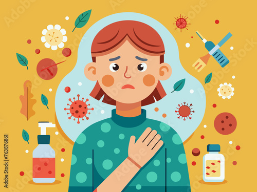 a boy with a surprised, frightened expression on his face. allergic reaction in the form of red spots on the face. seasonal allergy to pollen from flowering plants. concept is medicine, treatment