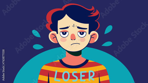 portrait of a cartoon boy, a young man with a sad, sad, depressive face, the inscription loser on a T-shirt, bright colors, the concept of self-esteem, psychology, moral health