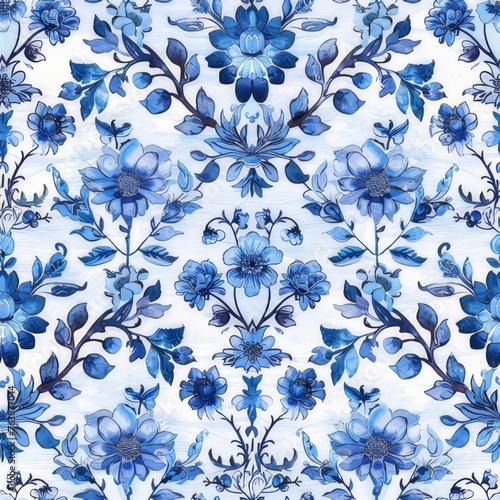 Watercolor Seamless pattern with blue and white