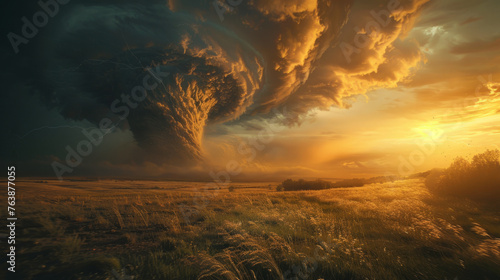 A dramatic landscape scene with a large tornado spiralling in the distance. The sky is filled with storm clouds and lightning photo