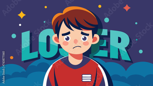 A cartoon boy with freckles and disheveled red hair in front of huge letters LOSER. The expression on his face is sad, upset. Twinkling stars, abstract clouds on the background
