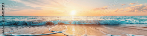 Sea sand beach. Panoramic beach landscape. Colorful golden sunset sky summer vibes. Vacation travel holiday banner (1)