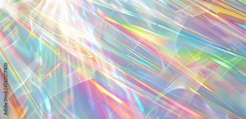 White background, light rays of rainbow colors and iridescent translucent beams of white light shining