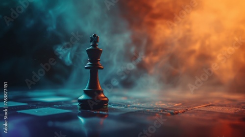 A single chess piece stands amidst swirling smoke, highlighting the solitary king on a reflective board. The dramatic lighting and intense colors suggest strategic thought and the pivotal moments of