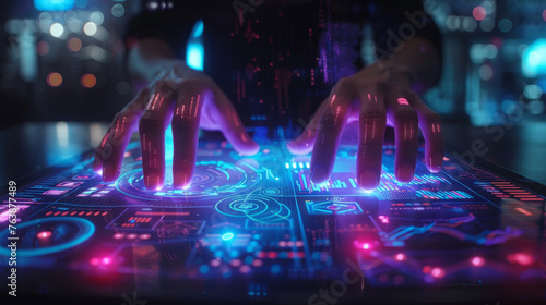 Close-up of hands interacting with futuristic touch interface with glowing neon lights and tech diagrams, illustrating advanced technology or sci-fi concept.