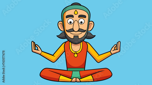 An illustration of a meditating smiling, happy man with a beard in harmony with himself in bright clothes on a blue background. The concept is yoga, meditation, spiritual development