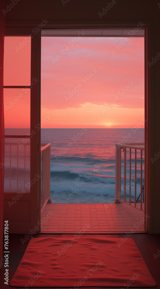 View from the window to the sea. Sunset on a beach. Summer concept. View from the window to the sea. Sunset on a beach. Summer concept.