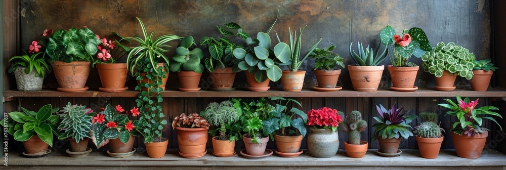 Collection of green succulents in decorative pots on a wooden shelf. Collection of green succulents in decorative pots on a wooden shelf.