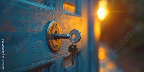 Close-up of a locked wooden door with keys, symbolizing the safety and security of the home.