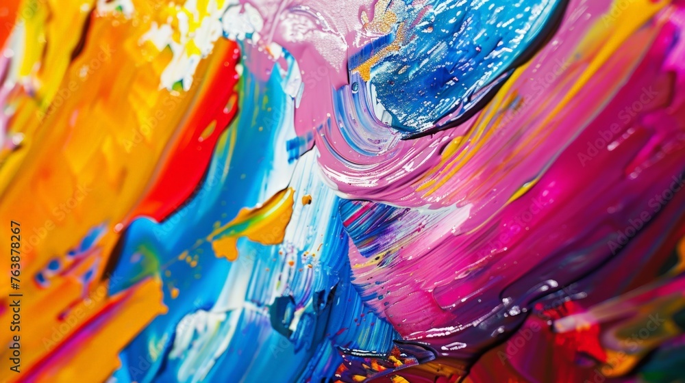 A vibrant close-up of a painting with contrasting colors, bold strokes, and dynamic energy