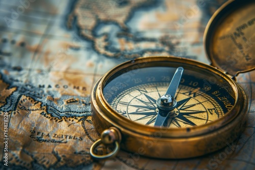 A macro shot of a compass needle quivering, resting on a vintage-style map with faded landmasses