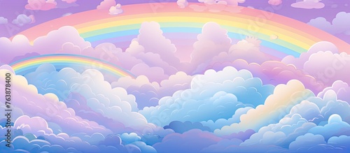 A beautiful rainbow arching through the sky with fluffy clouds on a sunny day