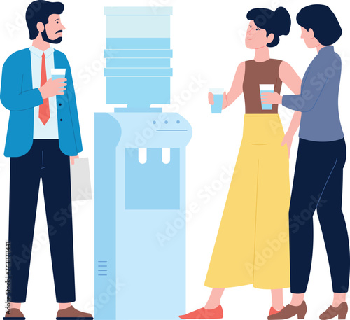 Water cooler talk. Colleagues chat and gossip. Office people
