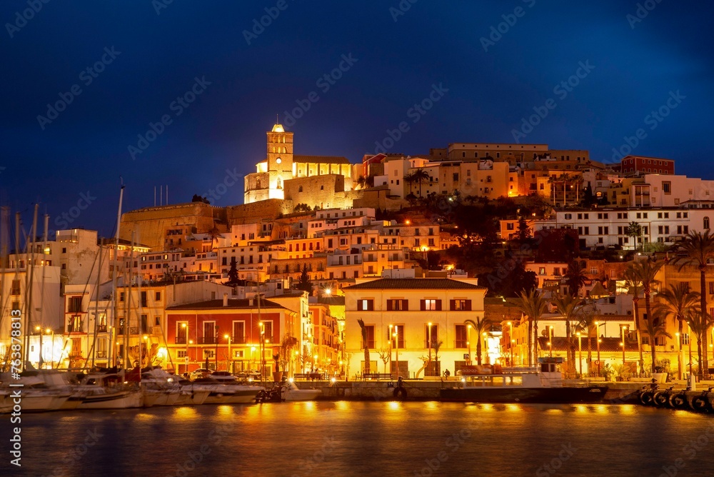 View of Ibiza old town and the harbor at night, Ibiza Island, Balearic Islands, Spain