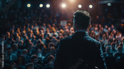 international tech conference scene with a male participant querying a speaker against the backdrop of an attentive crowd at a business summit