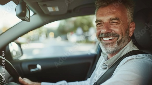 confident mid adult man driving and smiling as he glances in the car mirror for a reverse maneuver on his commute photo