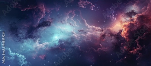 The sky resembles a galaxy with swirling clouds of violet, magenta, and electric blue, creating a dreamy spacelike atmosphere