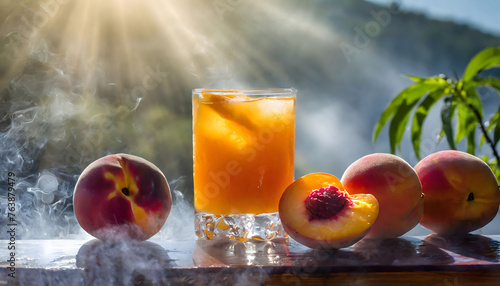  peach fruit with peach juice in the fog on a hot sunny day