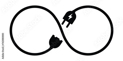 electrical cable, plug and socket as infinite shape, vector symbol on transparent background.