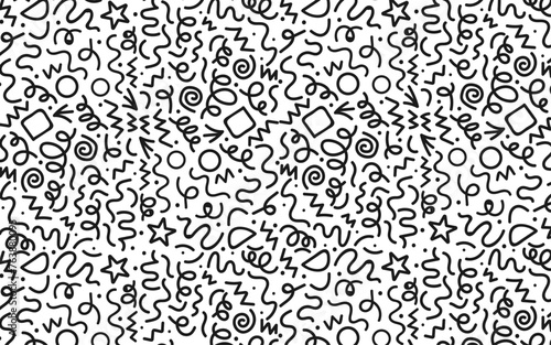 Fun black line doodle seamless pattern. Creative minimalist style art background for children or trendy design with basic shapes. Simple childish scribble backdrop.