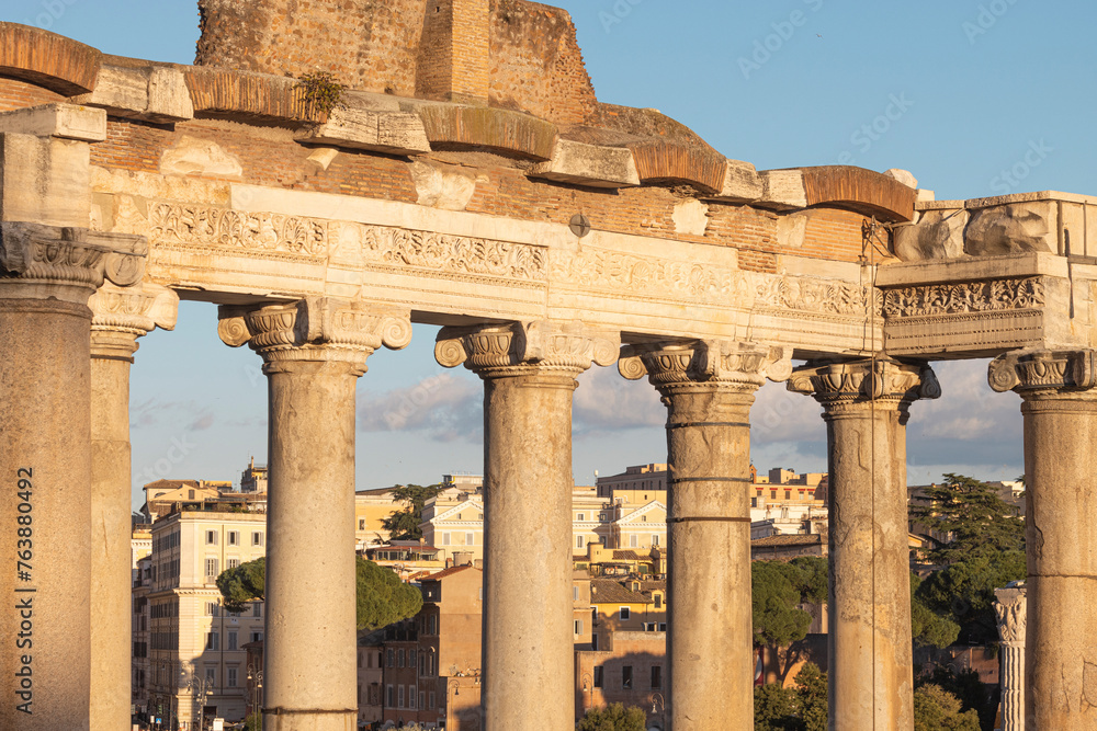 Monumental Roman forum. Temple of Saturn detail. Archeology. Rome, Italy