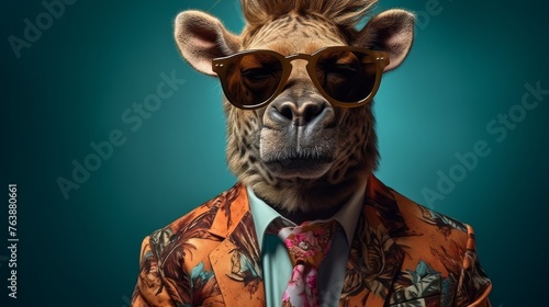 a cute flirting wild animal from africa character in a fashionable suit and shaded glasses