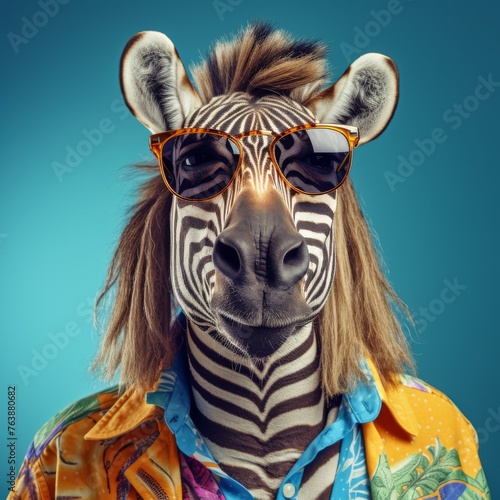 a cute flirting zebra character in a fashionable clothes big shaded glasses  ready for the diskotek  open hawiian shirt
